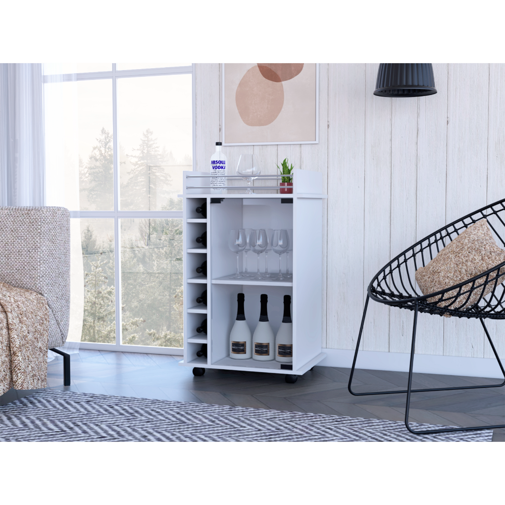 Bar Cart, Glass Door, Four Casters, Two Shelves, White White Particle Board Particle Board