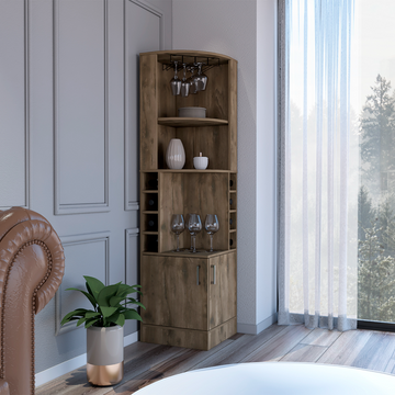 Bar Cabinet 71" H, With Two Shelves At The Top, 1 Glass Holder, 8 Exterior Bottle Racks, 1 Central Shelf And A Lower Drawer With 2 Side Doors, Dark Brown Brown Particle Board Particle Board