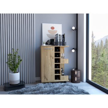 32" H Light Oak Bar Coffee Cart, Cabinet Storage, With 4 Wheels, 1 Divided Storage With 1 Shelf, 1 Folding Door, A Central Vertical Division For 6 Bottles And 2 Side Shelves With Aluminum Front Beige Particle Board Particle Board