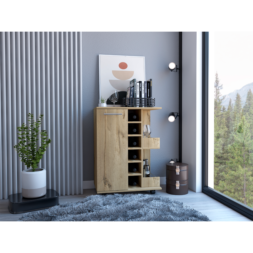 32" H Light Oak Bar Coffee Cart, Cabinet Storage, With 4 Wheels, 1 Divided Storage With 1 Shelf, 1 Folding Door, A Central Vertical Division For 6 Bottles And 2 Side Shelves With Aluminum Front Beige Particle Board Particle Board