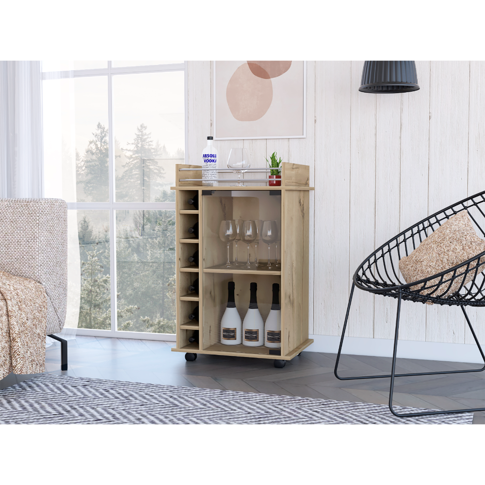 32" H Light Oak Bar Coffee Cart, Kitchen Or Living Room Cabinet Storage With With 4 Wheels, With 6 Bottle Racks, A Central Shelf Covered By 1 Glass Door, 1 Support Surface With Aluminum Front. Beige Particle Board Particle Board