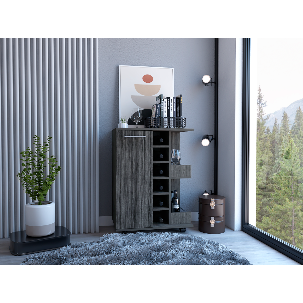 32" H Smokey Oak Bar Coffee Cart, Cabinet Storage, With 4 Wheels, 1 Divided Storage With 1 Shelf, 1 Folding Door, A Central Vertical Division For 6 Bottles And 2 Side Shelves With Aluminum Front