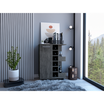 32" H Smokey Oak Bar Coffee Cart, Cabinet Storage, With 4 Wheels, 1 Divided Storage With 1 Shelf, 1 Folding Door, A Central Vertical Division For 6 Bottles And 2 Side Shelves With Aluminum Front