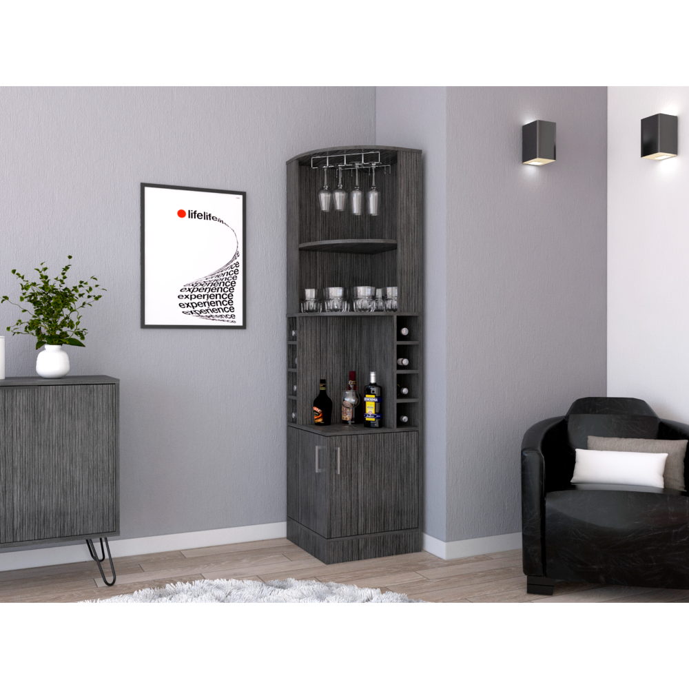 71" H Smoke Oak Corner Bar Cabinet, With Two Shelves At The Top, 1 Glass Holder, 8 Exterior Bottle Racks, 1 Central Shelf And A Lower Drawer With 2 Side Doors Gray Particle Board Particle Board