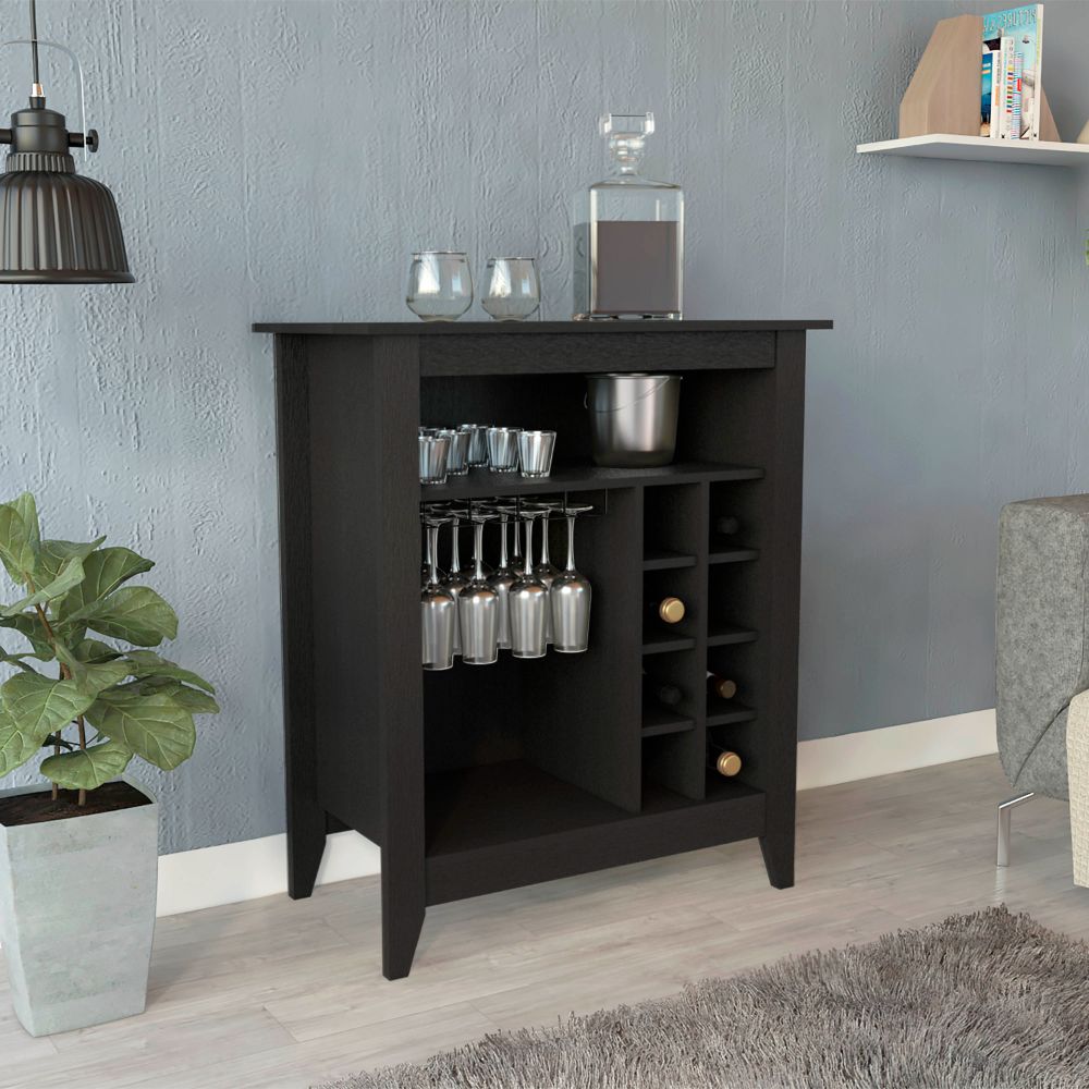 Essential Bar Cabinet, One Open Shelf, Six Built In Wine Rack, One Drawer Black Black Particle Board Particle Board