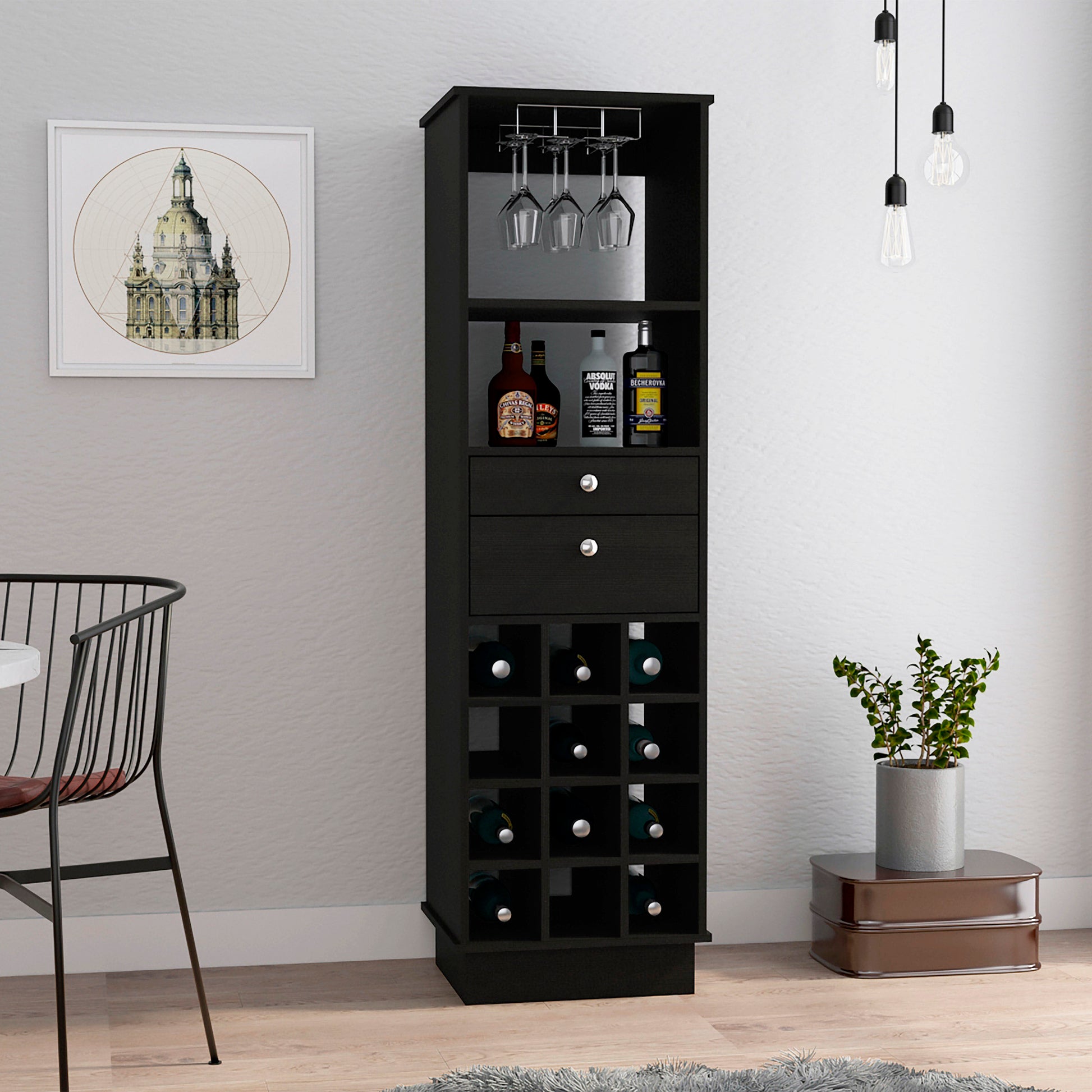 Classic Bar Cabinet, Two Drawers, Twelve Built In Wine Rack Black Black Particle Board Particle Board