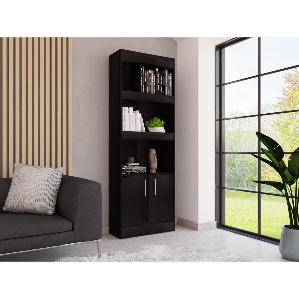 Bookcase, Three Shelves, Double Door Cabinet, Metal Hardware, Black Black Particle Board Particle Board