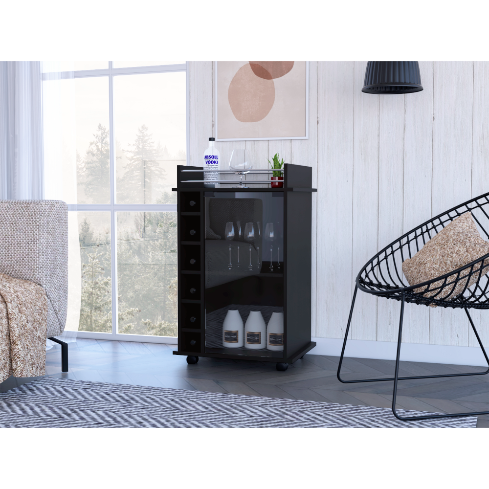 Bar Cart, Glass Door, Four Casters, Two Shelves, Black Black Particle Board Particle Board
