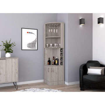 Corner Bar Cabinet 71" H, With Two Shelves At The Top, 1 Glass Holder, 8 Exterior Bottle Racks, 1 Central Shelf And A Lower Drawer With 2 Side Doors, Light Gray Gray Particle Board Particle Board