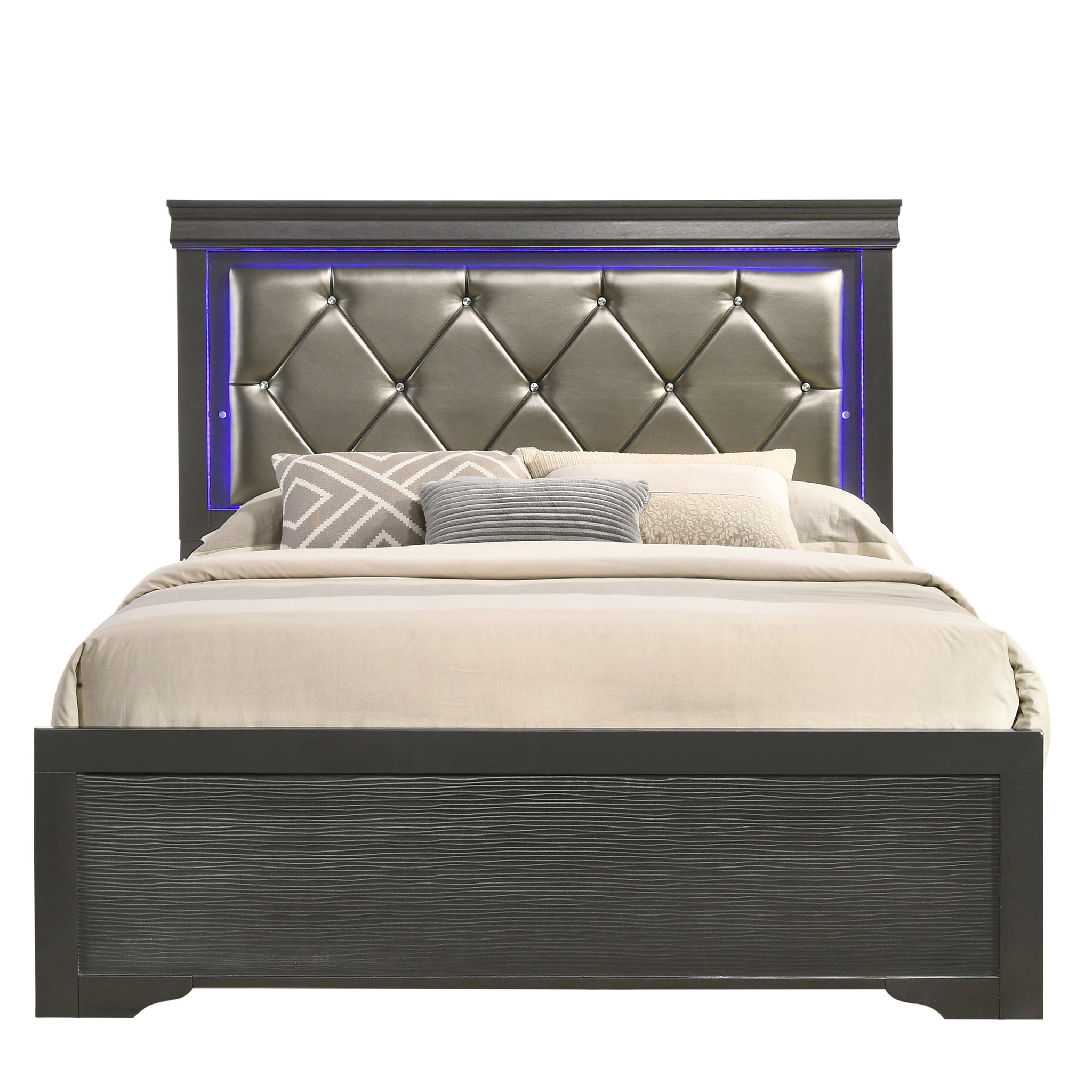 Modern Brooklyn Queen Size Led Bed Made With Wood In Gray Box Spring Required Queen Gray Wood Bedroom Modern Acacia Upholstered Polyester Wood