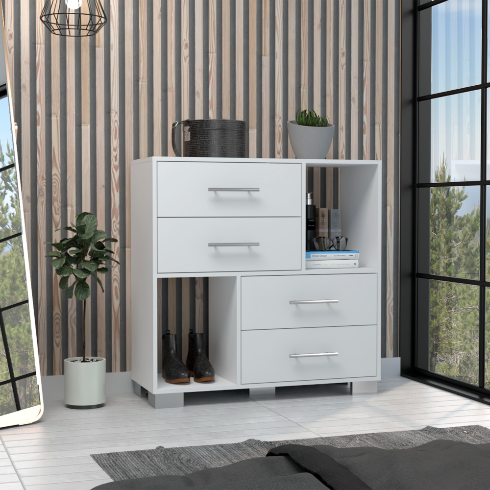 Dresser 35"Htwo Open Shelves, Four Drawers, Metal Handles, White White Particle Board Particle Board