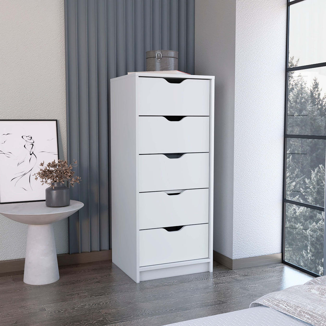 Dresser 42"H, 5 Drawersslim Storage Chest Of Drawers, White White Particle Board Particle Board