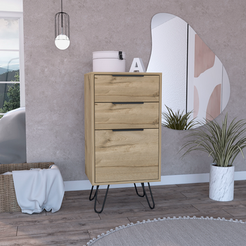 Light Dresser 35"H, 17"W, Superior Top,Three Drawers, Hairpin Legs, Light Oak Beige Particle Board Particle Board