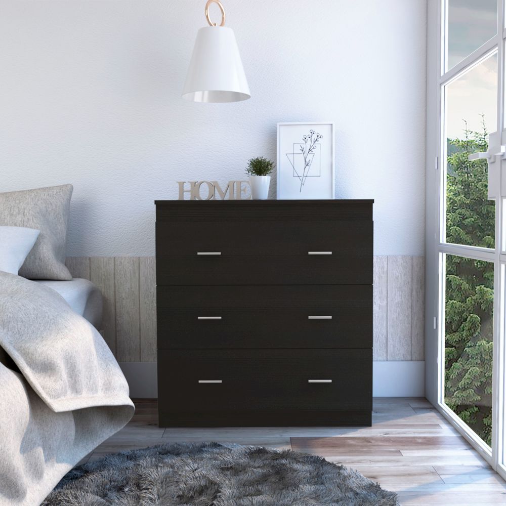 Topaz Three Drawer Dresser, Superior Top, Handles, Black Black Particle Board Particle Board