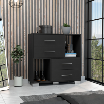 Dresser 35"Htwo Open Shelves, Four Drawers, Metal Handles, Black Black Particle Board Particle Board