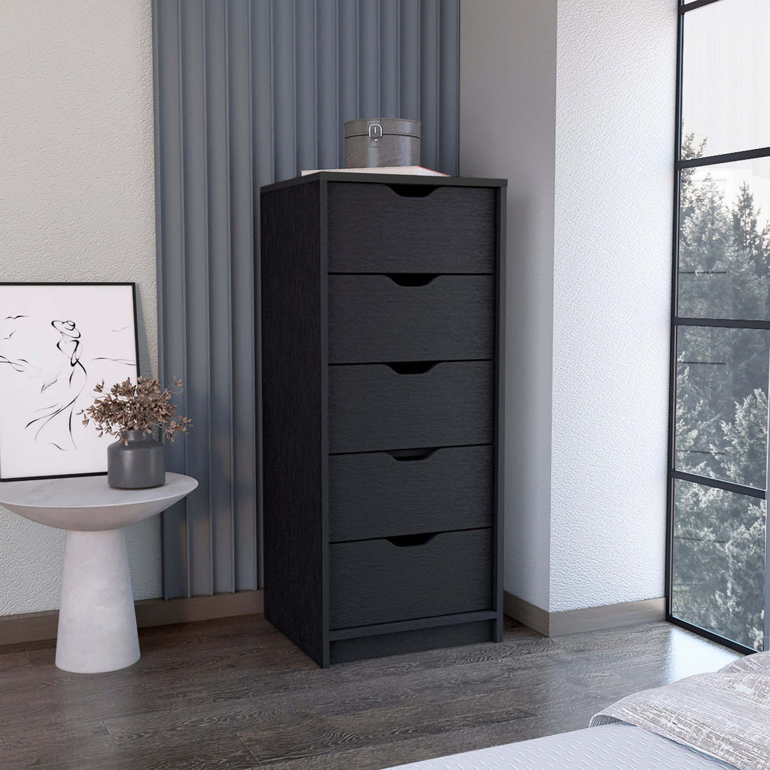 Dresser 42"H, 5 Drawersslim Storage Chest Of Drawers, Black Black Particle Board Particle Board