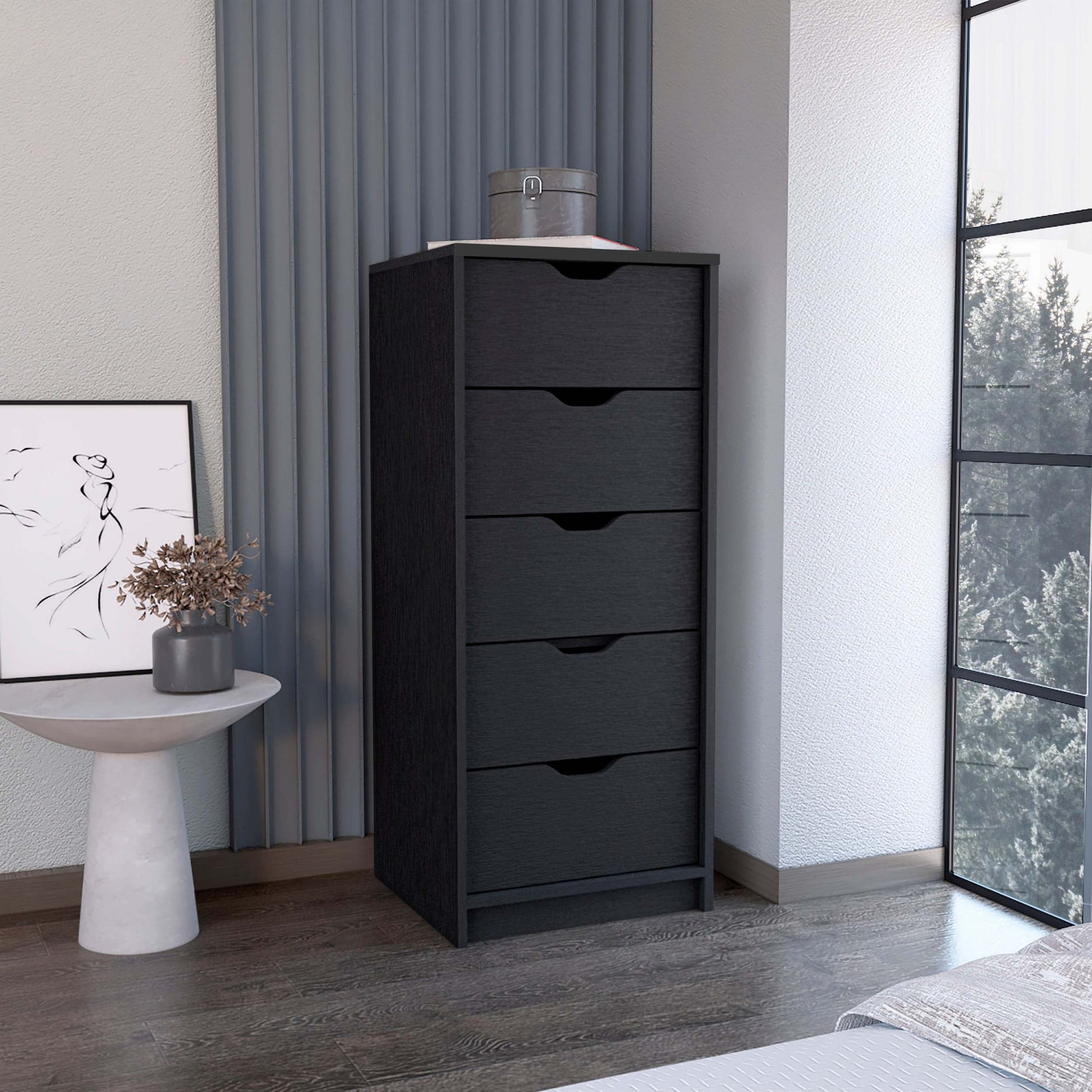 Dresser 42"H, 5 Drawersslim Storage Chest Of Drawers, Black Black Particle Board Particle Board