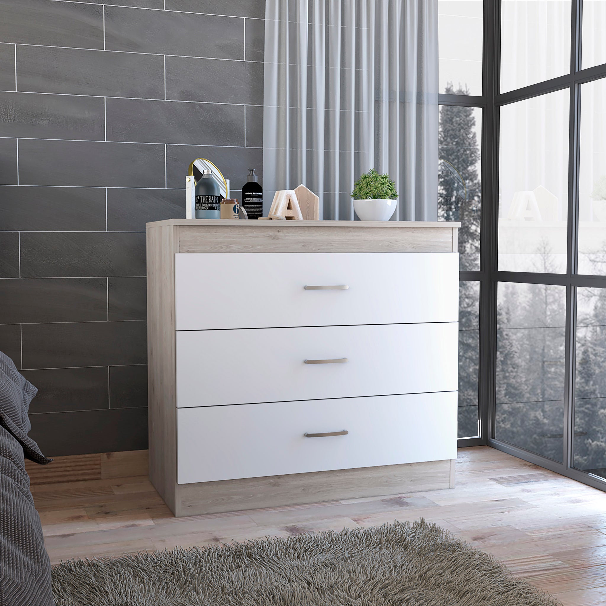 Melia Three Drawer Dresser, Superior Top, Metal Hardware Light Gray White White Particle Board Particle Board