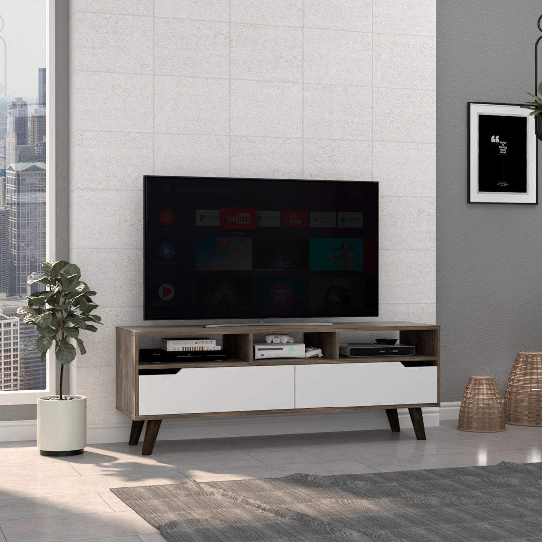 Oslo Tv Stand For Tv S Up 51", Two Drawers, Four Legs, Three Open Shelves Dark Brown White Multicolor Particle Board Particle Board