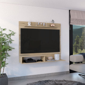 Beijing Floating Entertainment Center, One Superior Shelf, Two Shelves, Space For The Tv S Up 55" Light Pine Beige Primary Living Space 50 59 Inches Modern 55 Inches Particle Board Particle Board