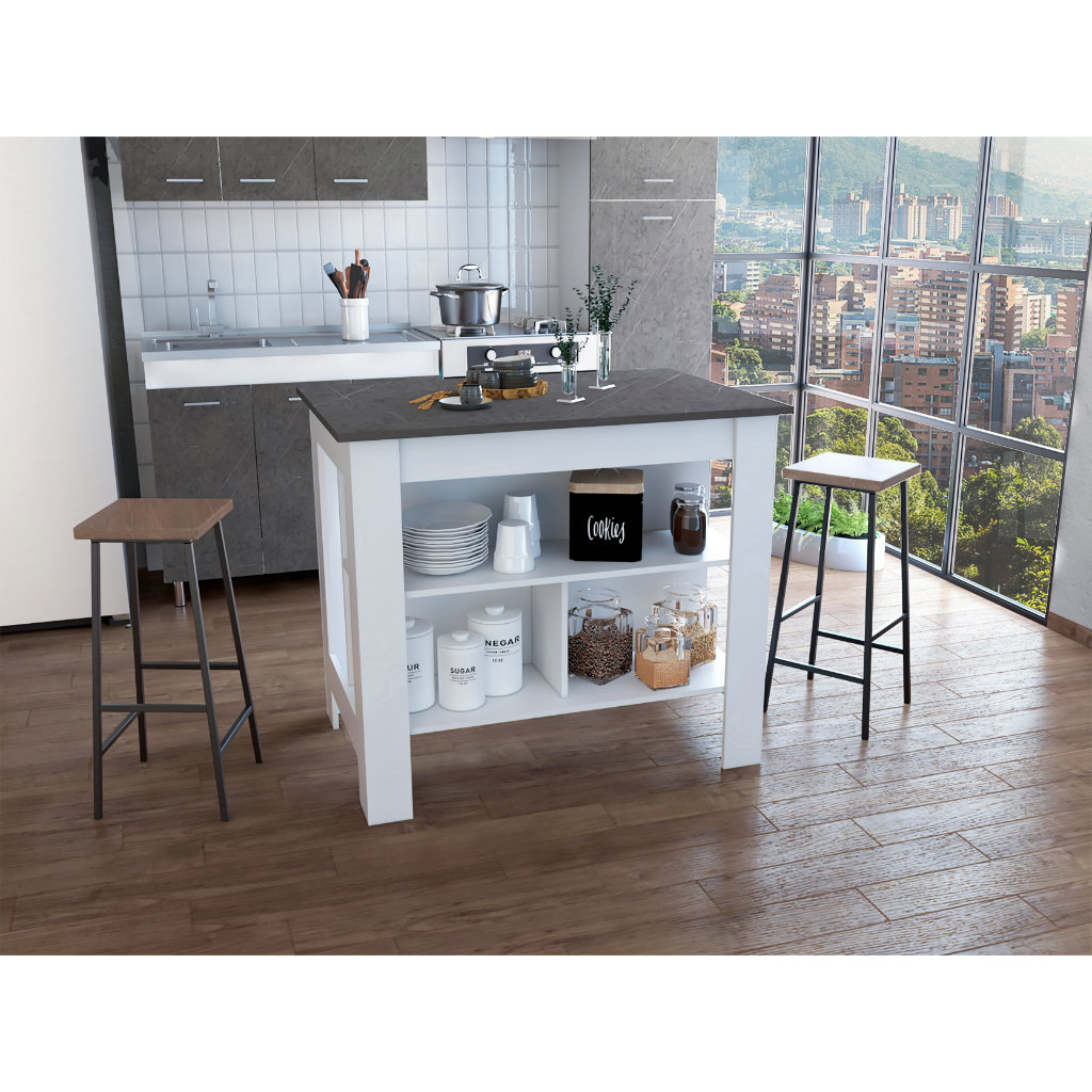 Kitchen Island, Kitchen Table 35" H, Four Legs, Three Open Storage Shelves, White Onix Multicolor Particle Board Particle Board