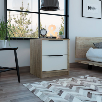 Modern Nightstand 19" H, Two Drawers, White Light Oak Multicolor Particle Board Particle Board