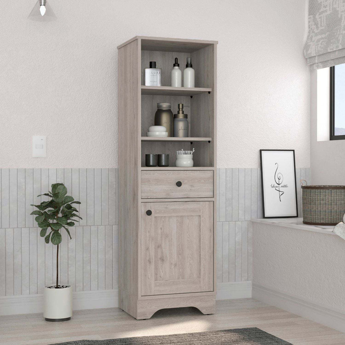 55H" Linen Single Door Cabinet, Three External Shelves, One Drawer, Two Interior Shelves, Light Gray Gray Particle Board Particle Board