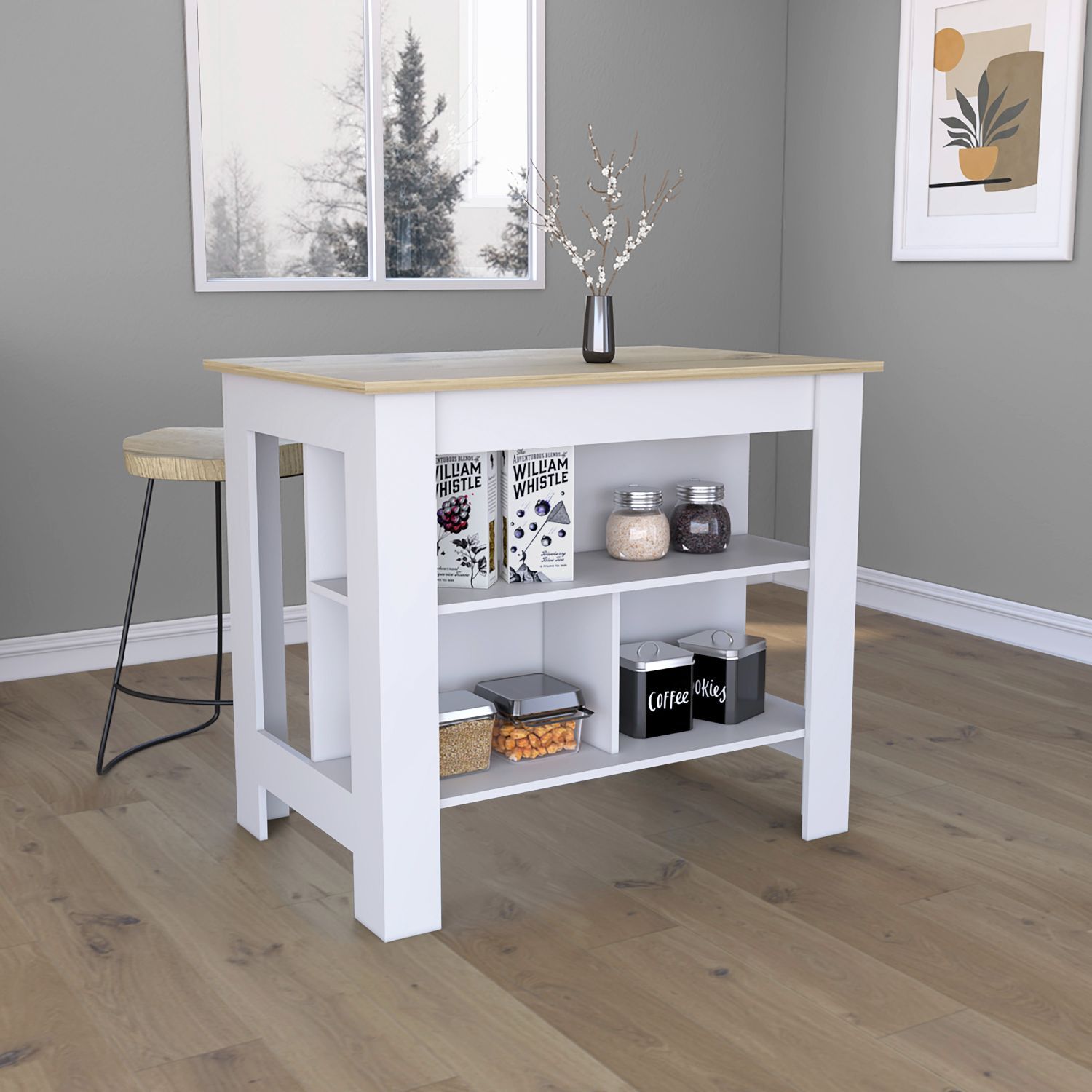 Kitchen Island, kitchen table 35" H, Four Legs, Three multicolor-particle board-particle board