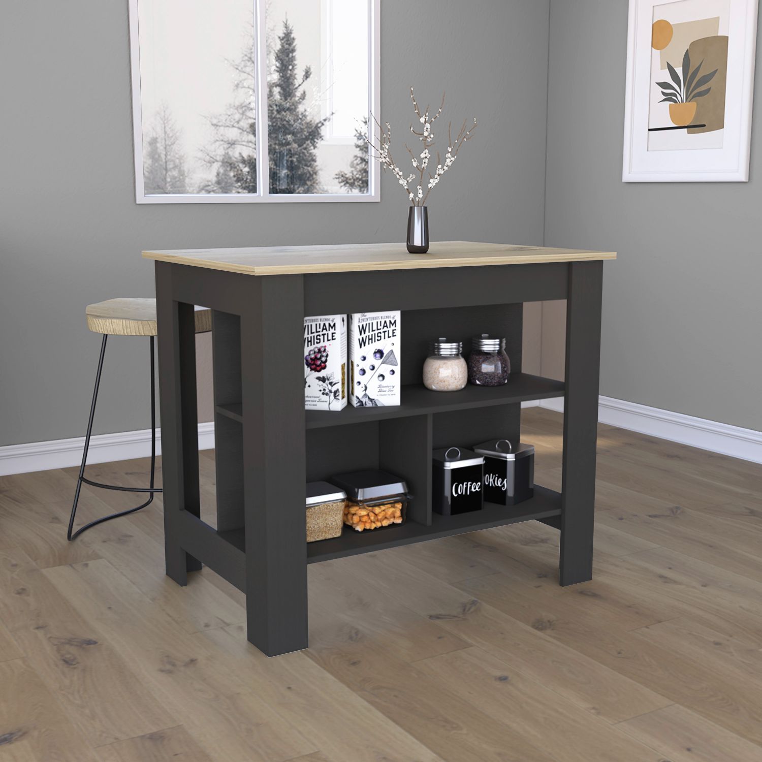 Kitchen Island, kitchen table 35" H, Four Legs, Three multicolor-particle board-particle board