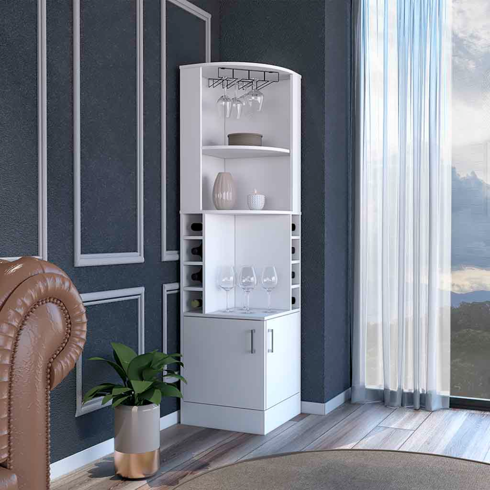 71" H White Corner Bar Cabinet, With Two Shelves At The Top, 1 Glass Holder, 8 Exterior Bottle Racks, 1 Central Shelf And A Lower Drawer With 2 Side Doors White Particle Board Particle Board
