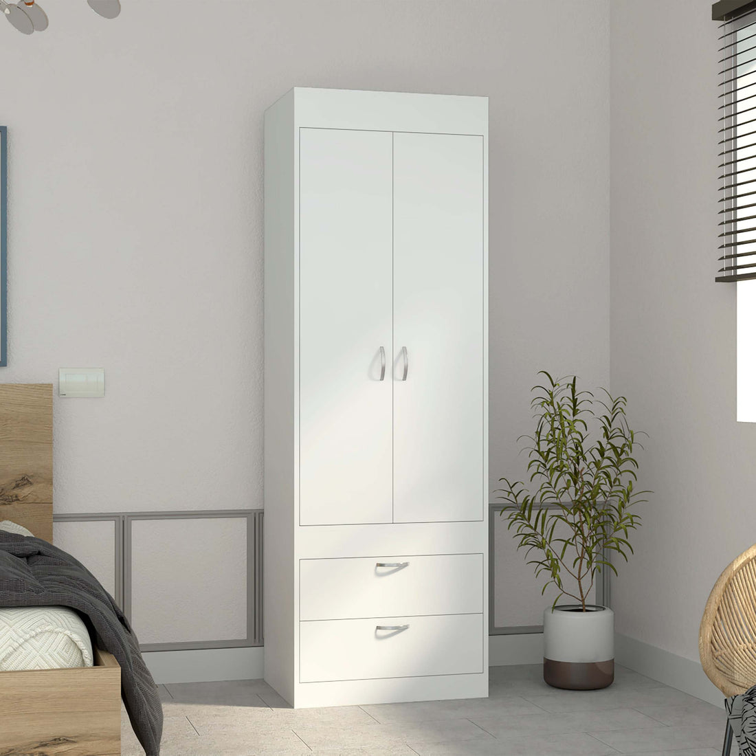 Armoire 70H", Double Door Cabinet, Two Drawers, Metal Handles, Rod, White White Particle Board Particle Board