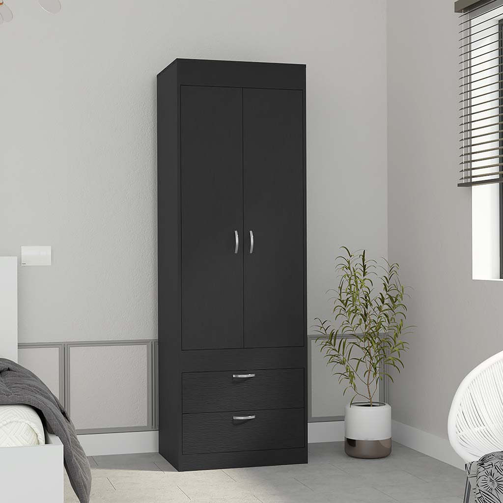 Armoire 70H", Double Door Cabinet, Two Drawers, Metal Handles, Rod, Black Black Particle Board Particle Board