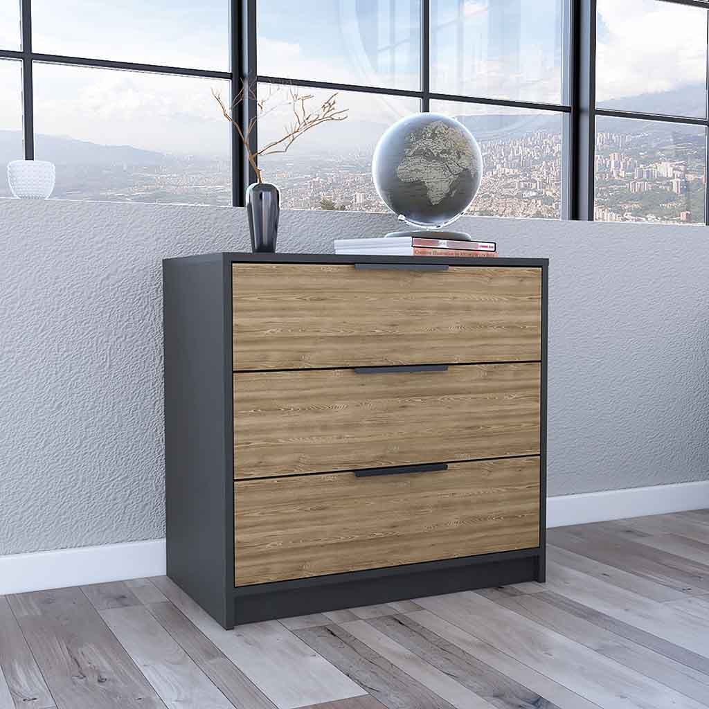 Dresser 27"H, 3 Drawers Dresser, Superior Top, Black Light Oak Multicolor Particle Board Particle Board