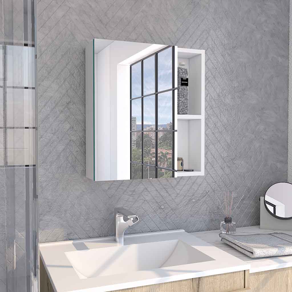 Medicine Single Door Cabinet 19" H With Mirror, Five Interior Shelves, White White Particle Board Particle Board