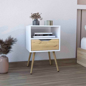 Nightstand 25"H, Superior Top, Four Legs, One Open Shelf, One Drawer, White Light Oak Multicolor Particle Board Particle Board