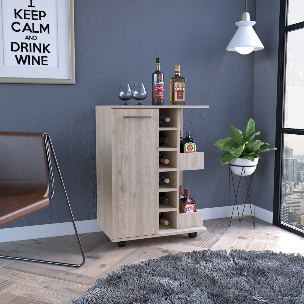 Bar Cart, Four Casters, Single Door Cabinet, Two External Shelves, Light Gray Beige Particle Board Particle Board