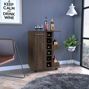 32" H Dark Walnut Bar Coffee Cart, Cabinet Storage, With 4 Wheels, 1 Divided Storage With 1 Shelf, 1 Folding Door, A Central Vertical Division For 6 Bottles And 2 Side Shelves With Aluminum Front