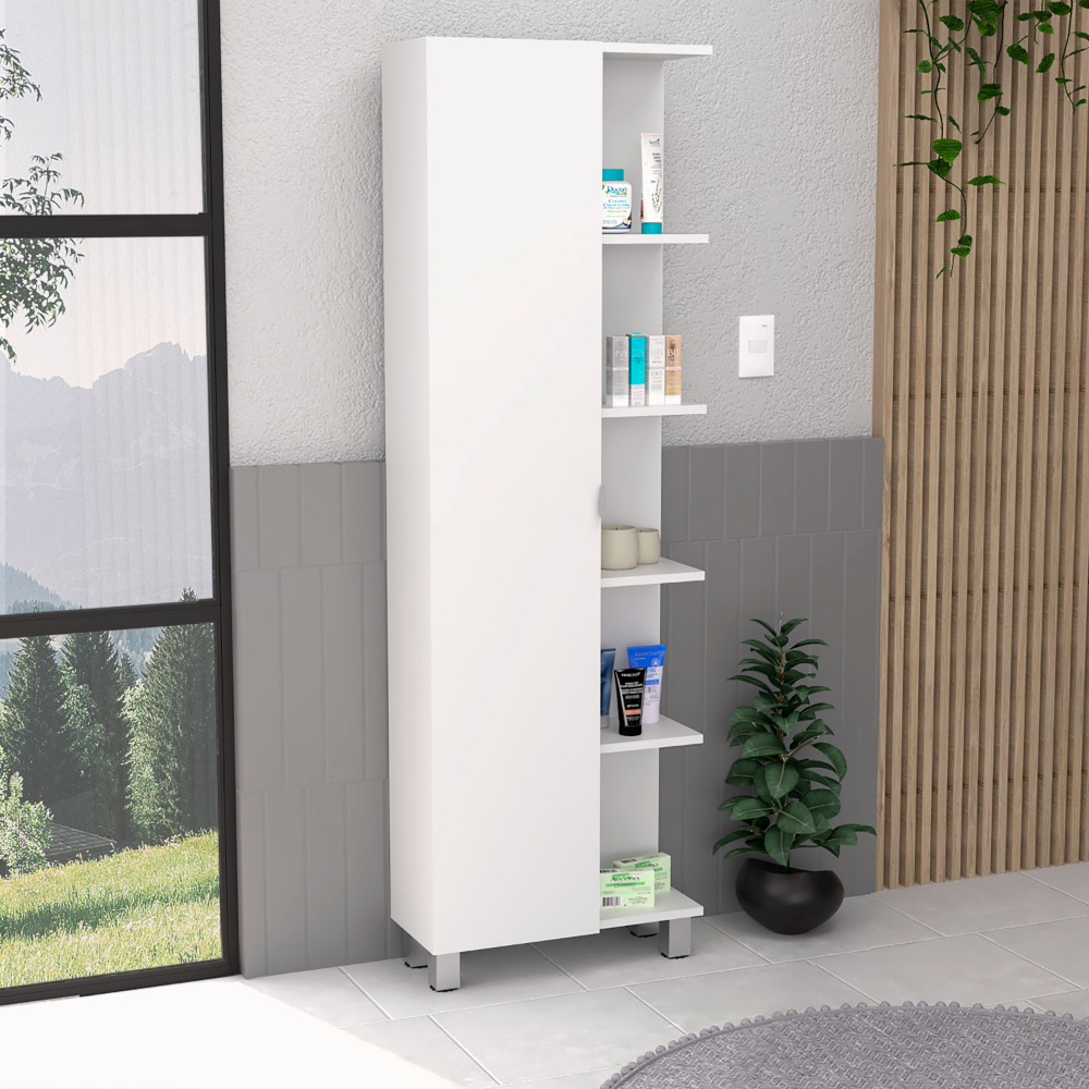 62H" Linen Single Door Cabinet, Five External Shelves, Four Interior Shelves, White White Particle Board Particle Board