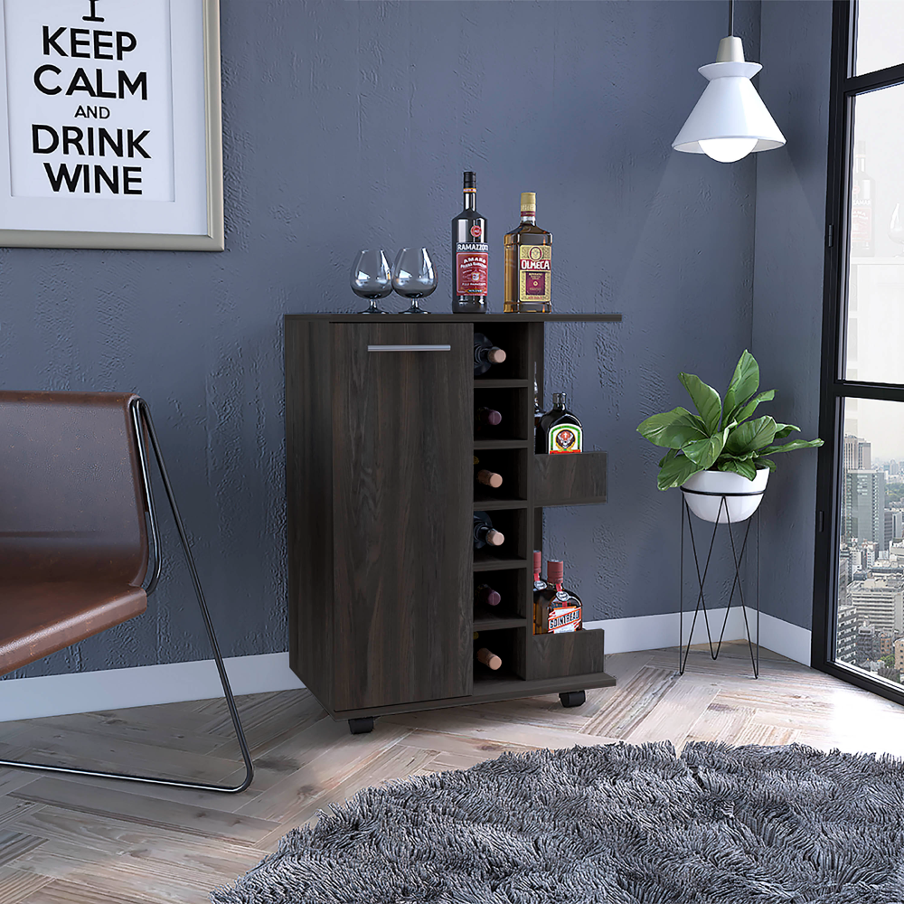 32" H Carbon Espresso Bar Coffee Cart, Cabinet Storage, With 4 Wheels, 1 Divided Storage With 1 Shelf, 1 Folding Door, A Central Vertical Division For 6 Bottles And 2 Side Shelves With Aluminum Front Brown Particle Board Particle Board