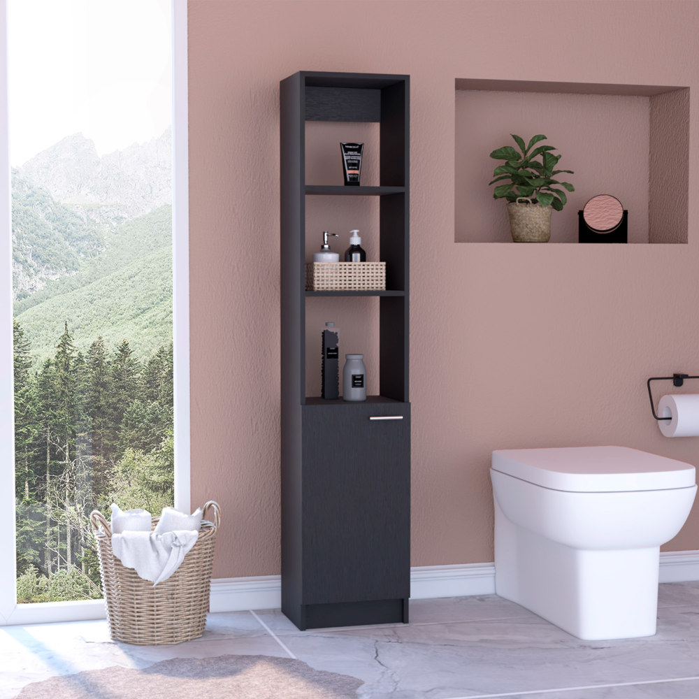 Linen Single Door Cabinet 64" H, Three External Shelves, Two Interior Shelves And Metal Handle, Black Black Particle Board Particle Board