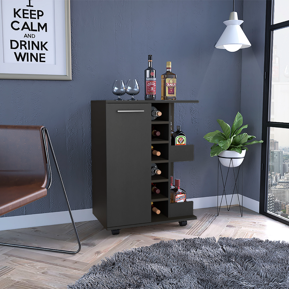 32" H Black Bar Coffee Cart, Cabinet Storage, With 4 Wheels, 1 Divided Storage With 1 Shelf, 1 Folding Door, A Central Vertical Division For 6 Bottles And 2 Side Shelves With Aluminum Front Black Particle Board Particle Board