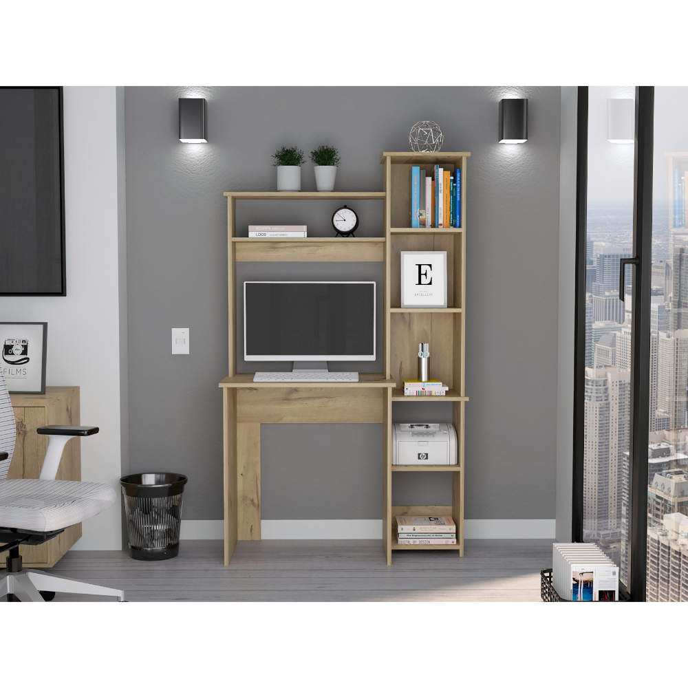 Aramis Desk, Five Shelves, Two Superior Shelves, Light Oak Beige Particle Board Particle Board