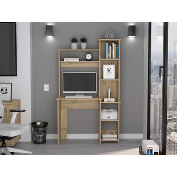 Aramis Desk, Five Shelves, Two Superior Shelves, Light Oak Beige Particle Board Particle Board