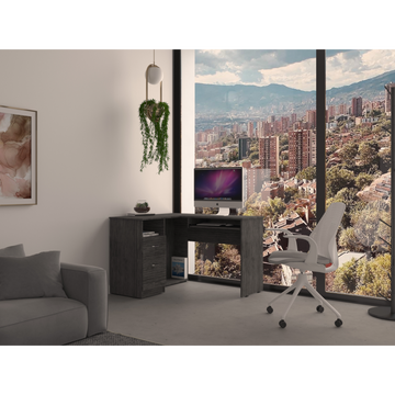 L Shaped Desk, Keyboard Tray, Two Drawers, One Open Shelf, Smokey Oak Gray Particle Board Particle Board