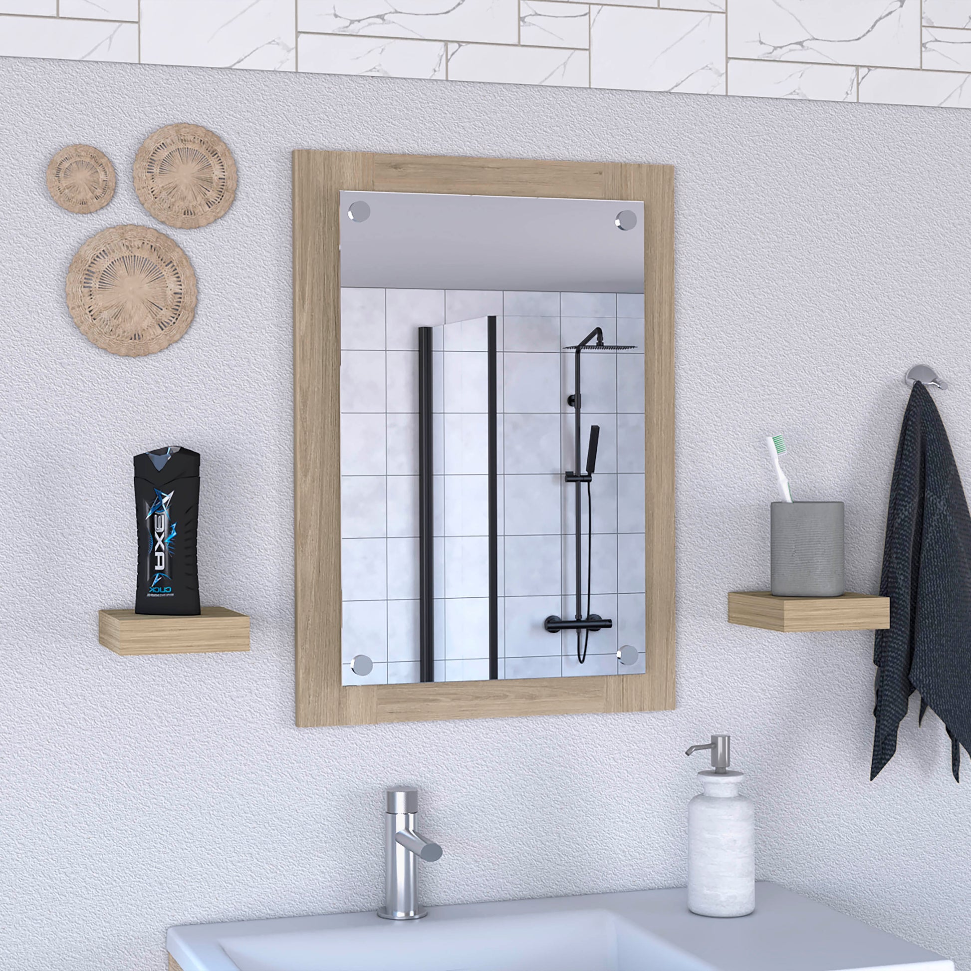 Vanguard Bathroom Mirror, Frame, Looking Glass Light Pine Beige Particle Board Particle Board