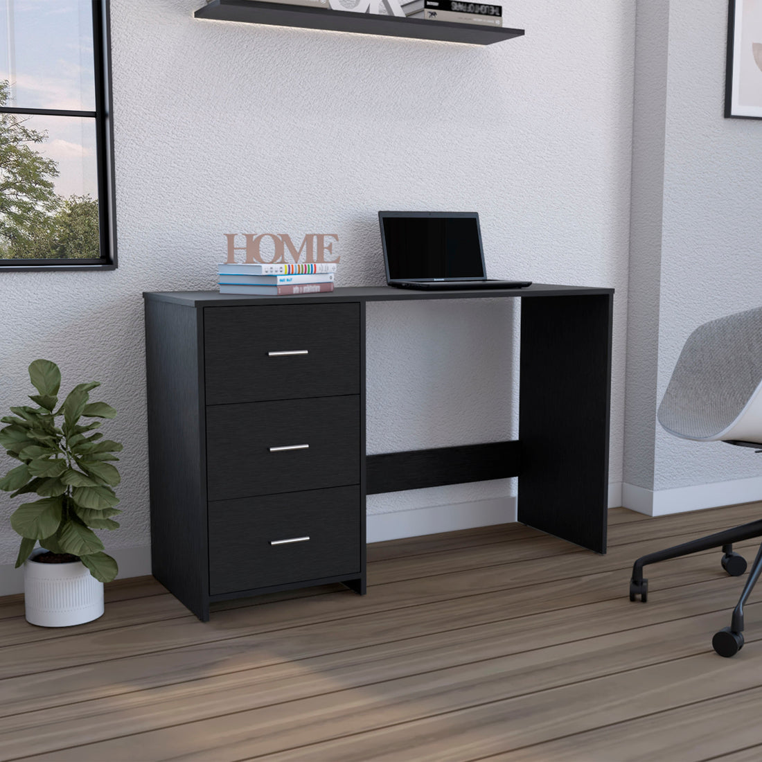 Writing Desk, 3 Drawers, Black Black Particle Board Particle Board