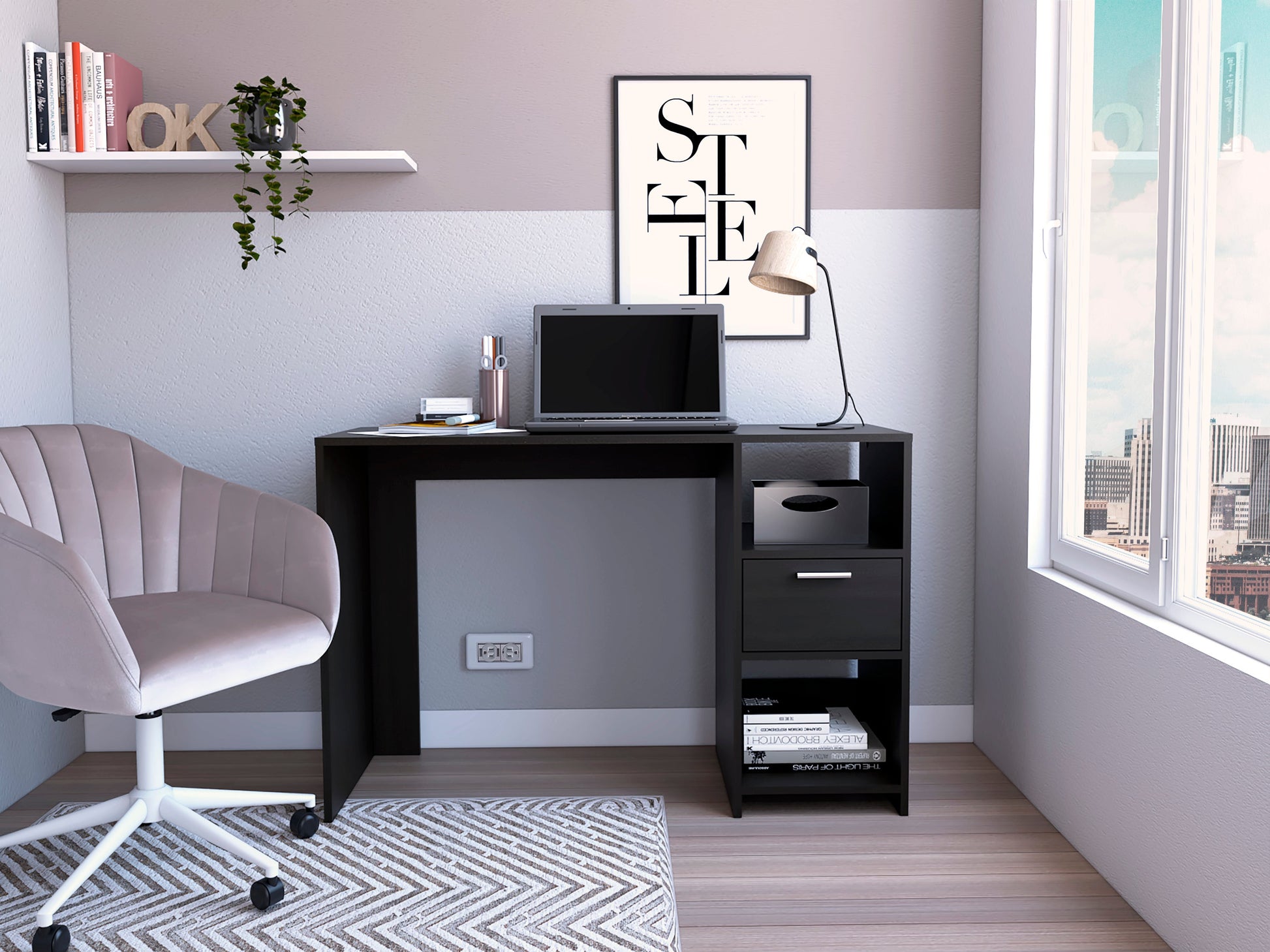 Computer Desk With 1 Drawer And 2 Open Storage Shelves, Black Black Particle Board Particle Board