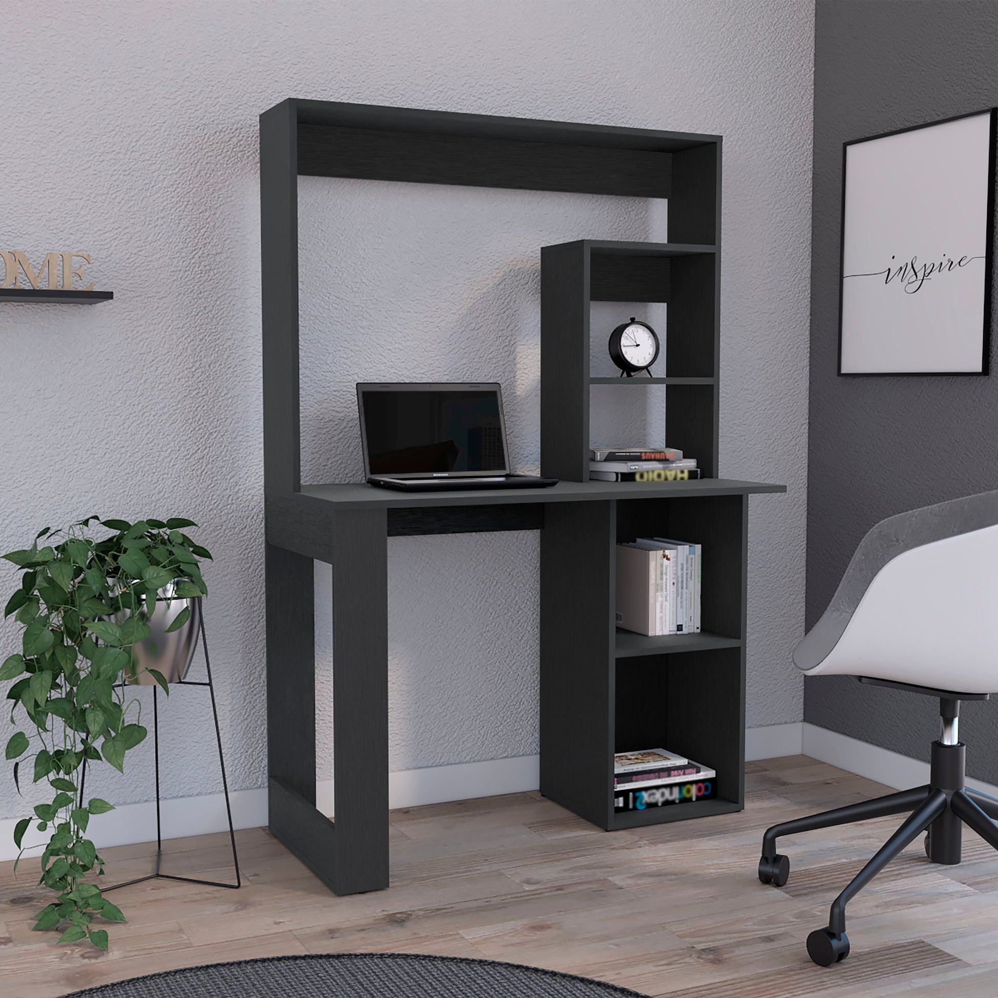 Writing Computer Desk With Storage Shelves And Hutch, Black Black Particle Board Particle Board