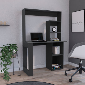 Writing Computer Desk With Storage Shelves And Hutch, Black Black Particle Board Particle Board