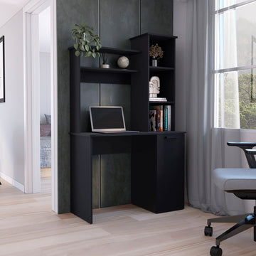 Muncy Computer Desk With Large Work Surface, Hutch Storage And Single Door Cabinet With 3 Tier Shelves, White Black Particle Board Particle Board